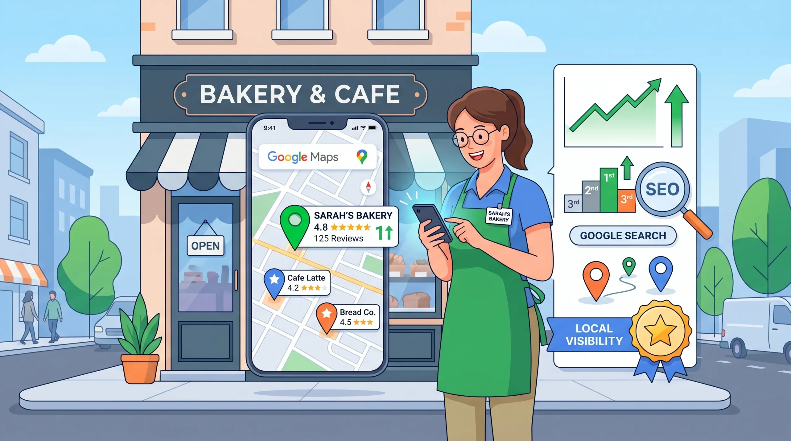 bakery-owner-checking-google-maps-local-seo-rankings-on-a-smartphone