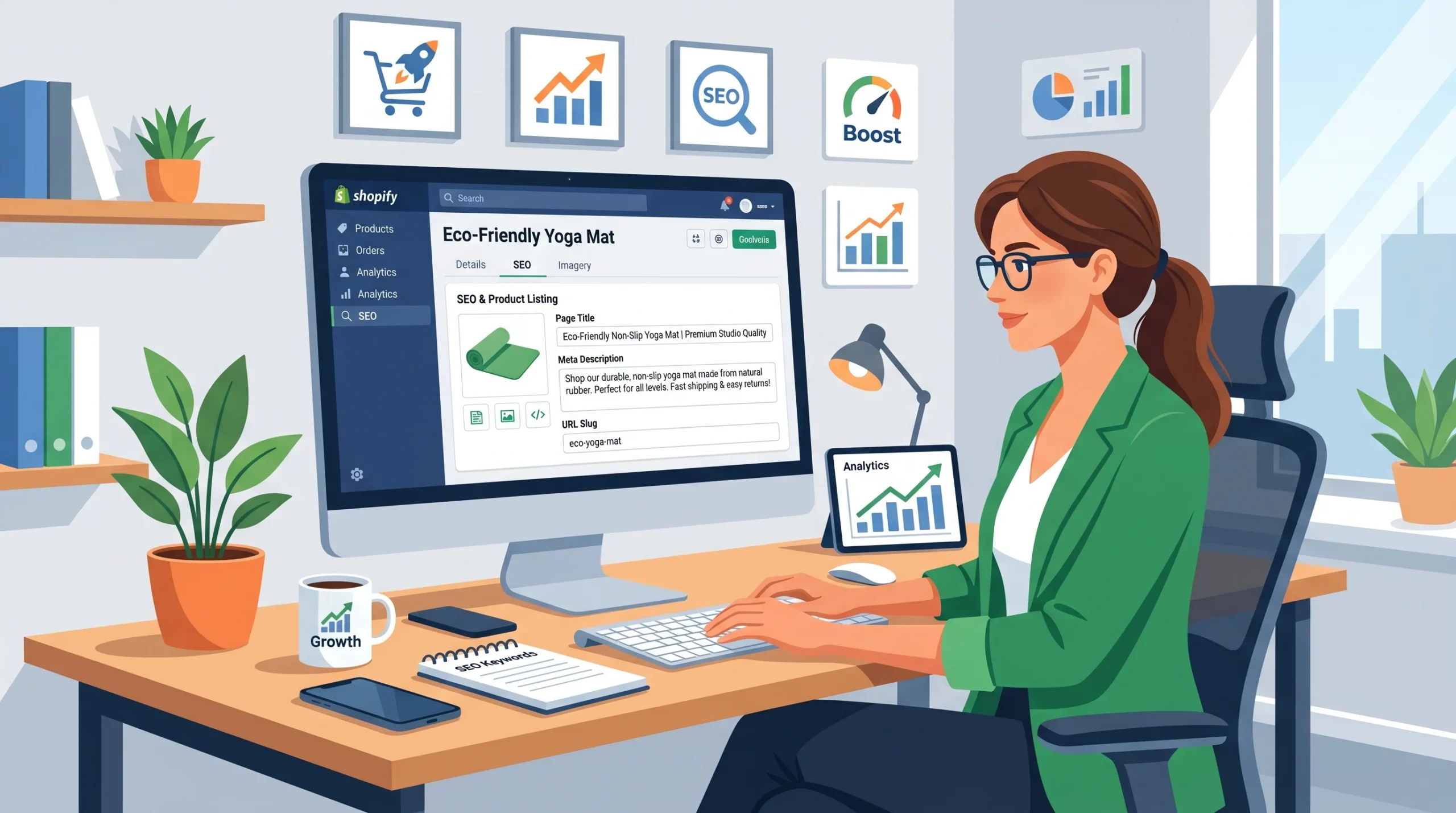 ecommerce-store-owner-optimizing-product-page-on-page-seo-in-shopify-dashboard-on-desktop-computer