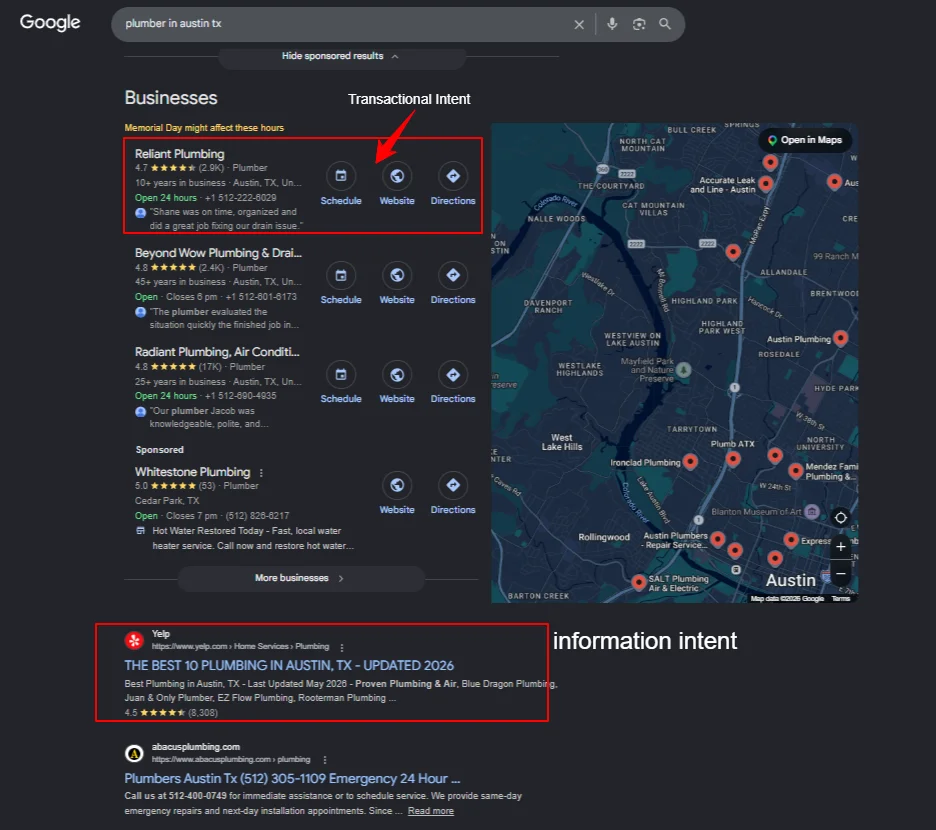google-search-results-for-plumber-in-austin-tx-showing-local-map-pack-above-informational-blog-posts- illustrating-search-intent-differences