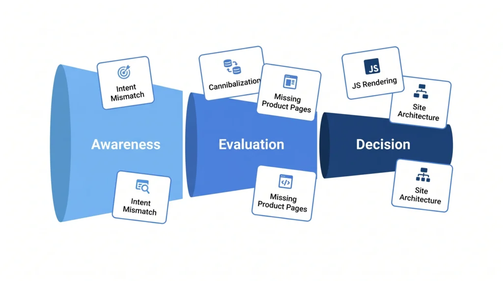 infographic mapping 7 saas seo mistakes to awareness evaluation and decision funnel stages