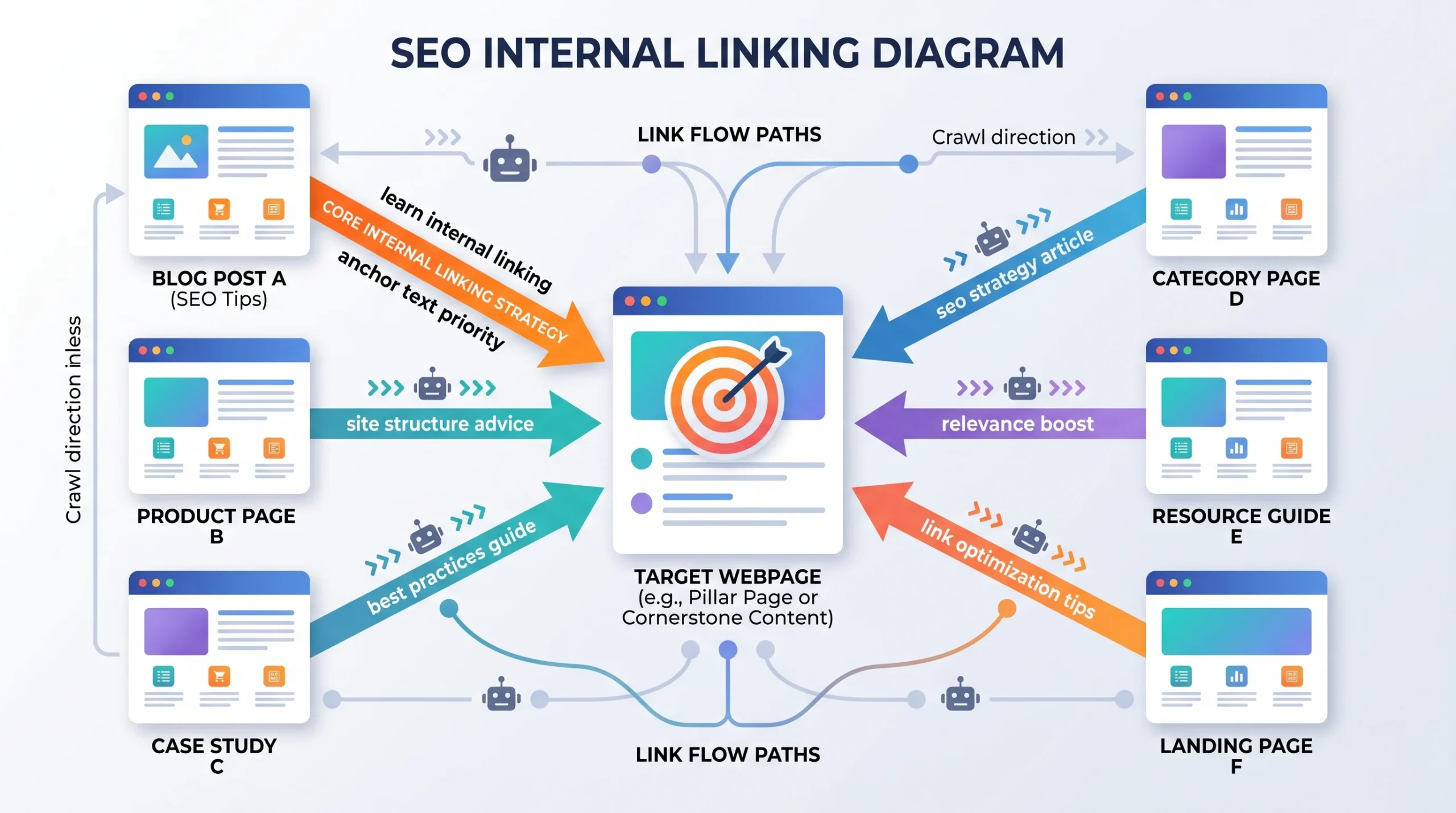 seo-diagram-showing-multiple-internal-links-pointing-to-the-same-page-with-anchor-text-priority-flow-illustrated