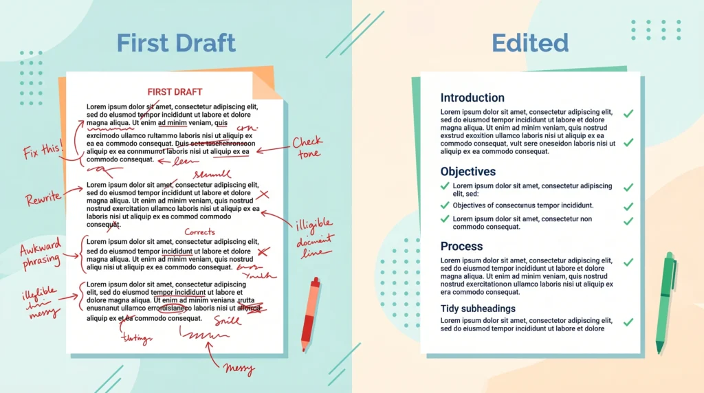 side-by-side-comparison-of-a-messy-first-draft-with-red-markups-versus-a-clean-edited-version-of-a-blog-post