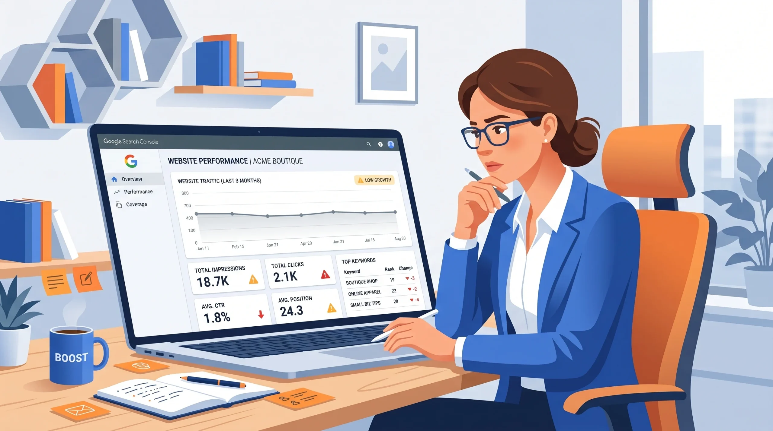 small-business-owner-reviewing-seo-performance-data-on-laptop-showing-flat-organic-traffic-in-google-search-console