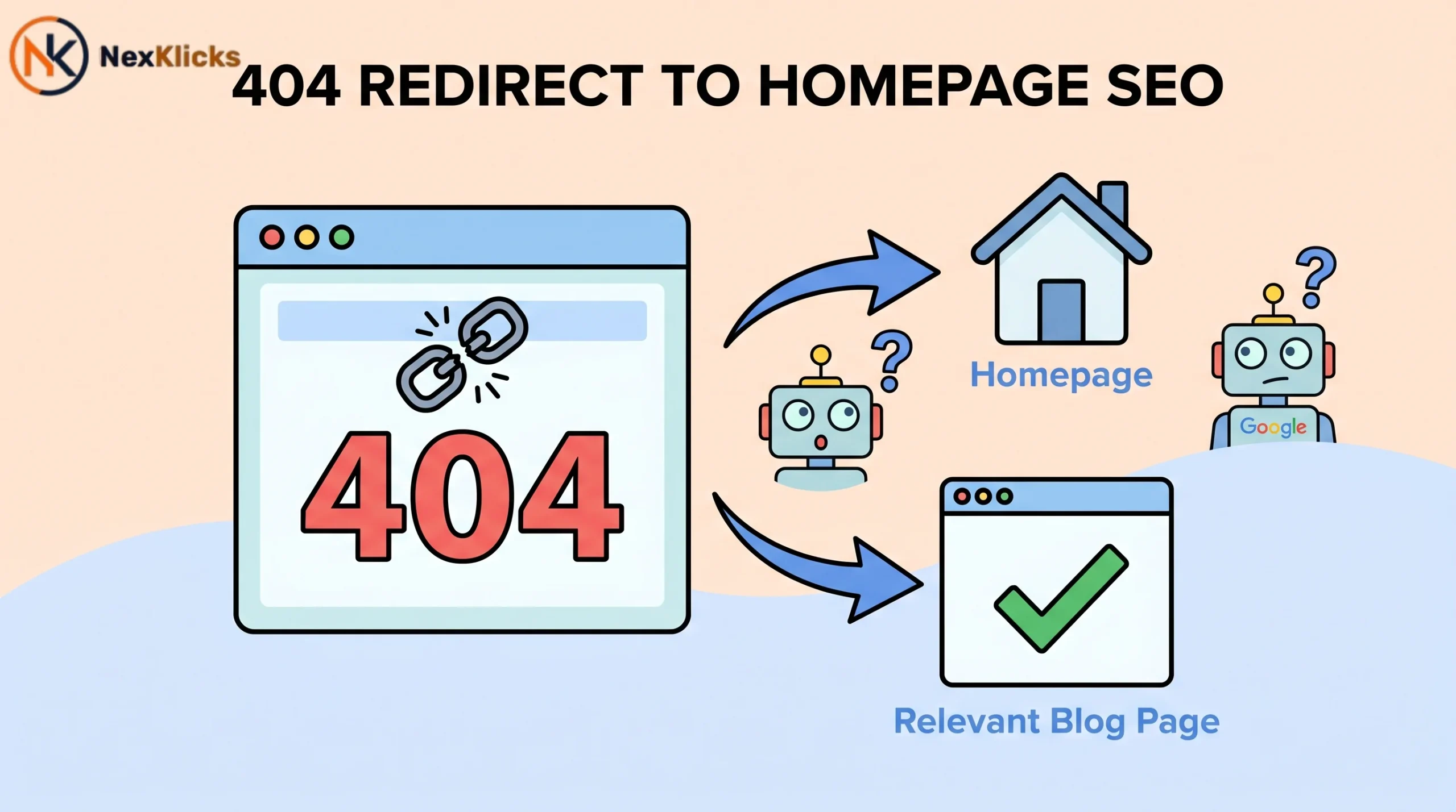 Image showing 404 redirect to homepage SEO causing a broken chain between web pages and Google search