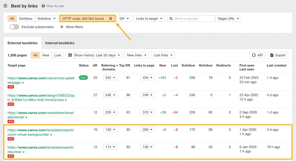 Ahrefs backlink report showing referring domains pointing to broken 404 URLs for 404 redirect to homepage SEO priority fixing