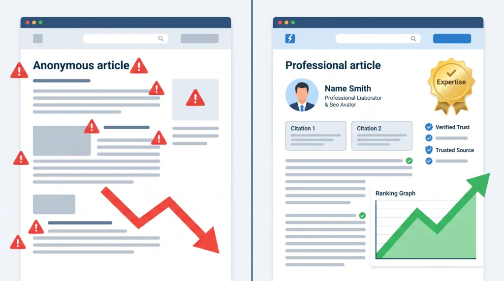 comparison of aI-generated content without e-e-a-t signals versus human-reviewed content with author credentials, citations, and trust indicators