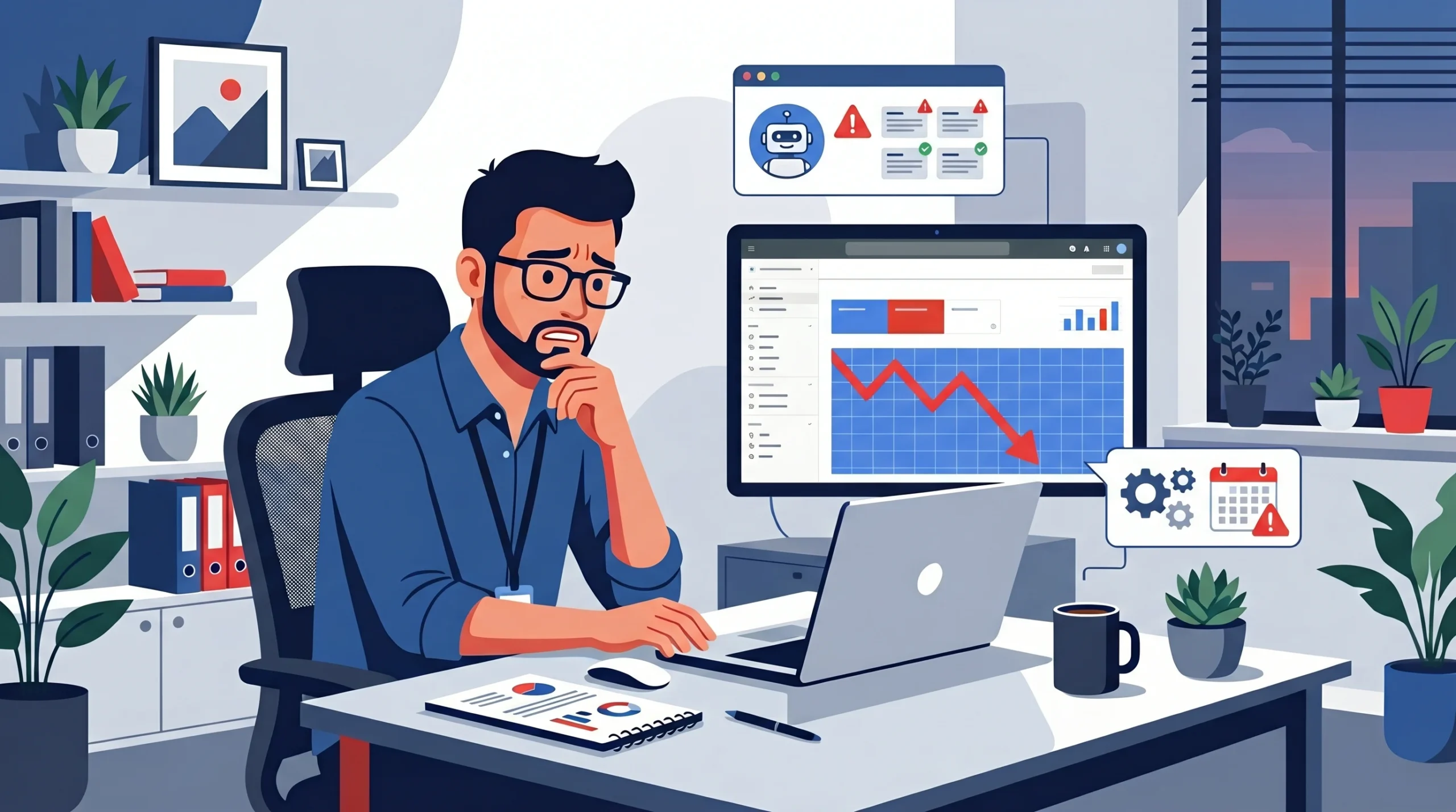 seo analyst reviewing google search console data showing ranking drops caused by ai seo mistakes in 2026