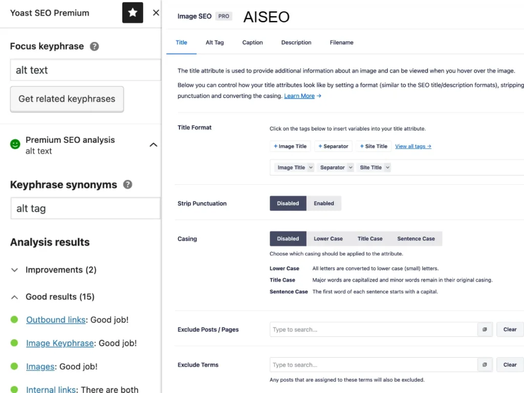 side-by-side comparison of aioseo and Yoast image seo settings showing filename and alt text options