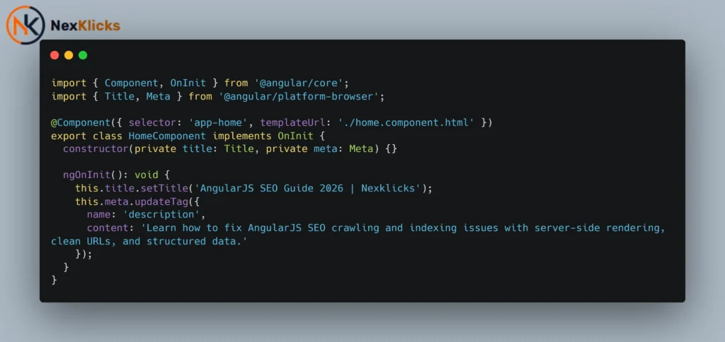 Angular SEO Meta service injecting dynamic per-route title and description tags inside component ngOnInit for AngularJS SEO