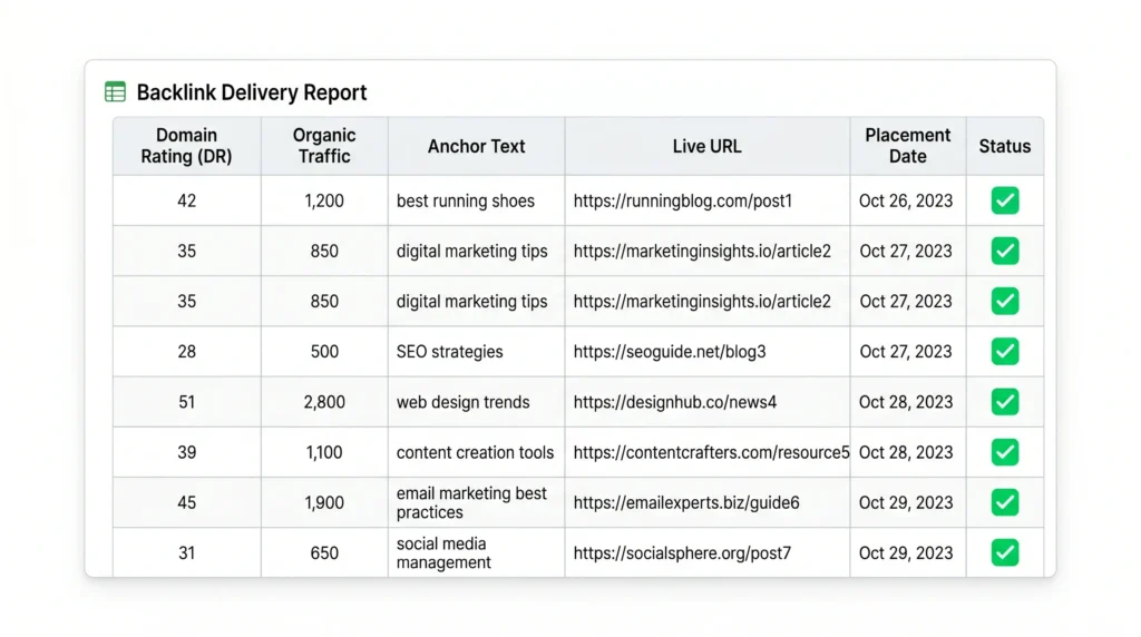 backlink outsourcing delivery report example showing DR and anchor text columns