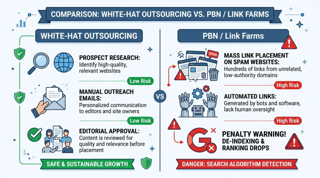 backlink outsourcing white-hat workflow vs link farm comparison diagram