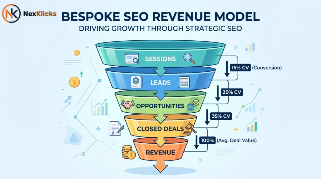 A funnel diagram for a bespoke SEO revenue model showing Sessions to Leads to Opportunities to Closed Deals to Revenue.