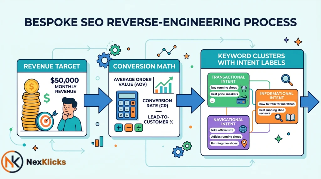 A flowchart showing bespoke SEO reverse-engineering from a revenue target through conversion math to keyword clusters.