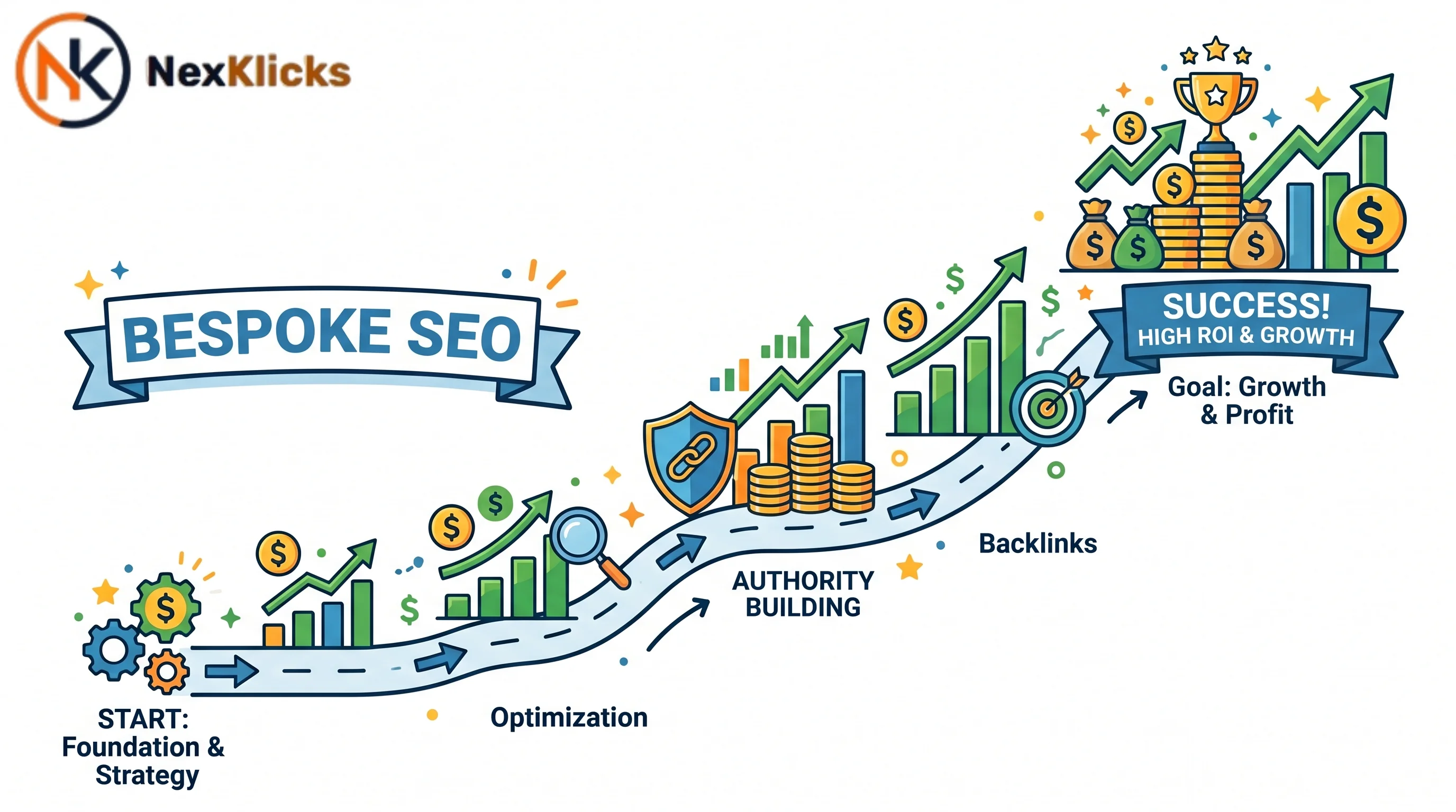 Bespoke SEO roadmap with revenue icons replacing generic traffic charts diagram