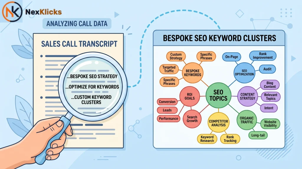 A magnifying glass over a sales call transcript with a path leading to a bespoke SEO keyword cluster diagram.