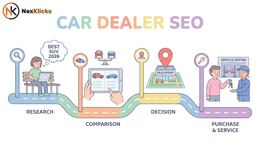 car dealer SEO buyer journey map showing four stages from awareness to post-purchase search behavior
