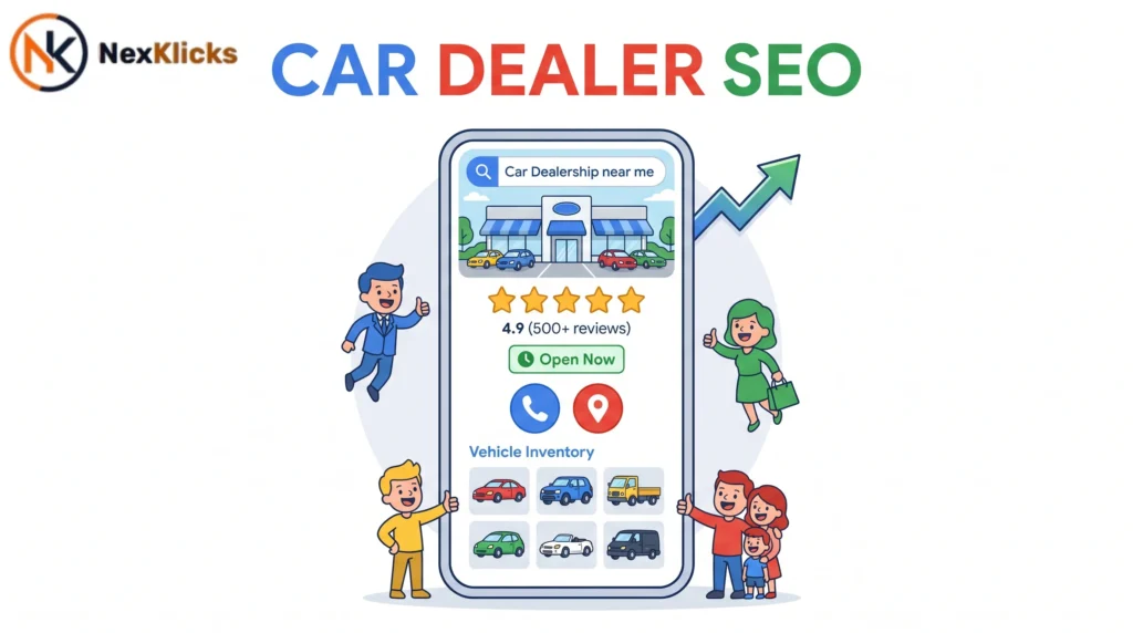 car dealer SEO Google Business Profile optimization showing a complete dealership listing with photos reviews and star ratings