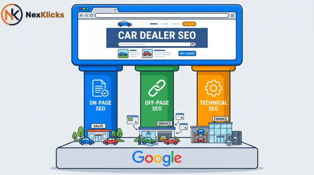 car dealer SEO three pillars diagram showing on-page off-page and technical SEO as connected columns supporting a dealership website