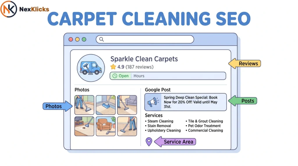 carpet cleaning SEO fully optimized Google Business Profile with reviews photos and posts annotated