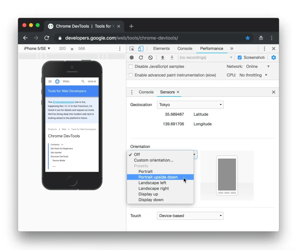 chrome devtools mobile emulator testing tap targets and responsive layout on a website