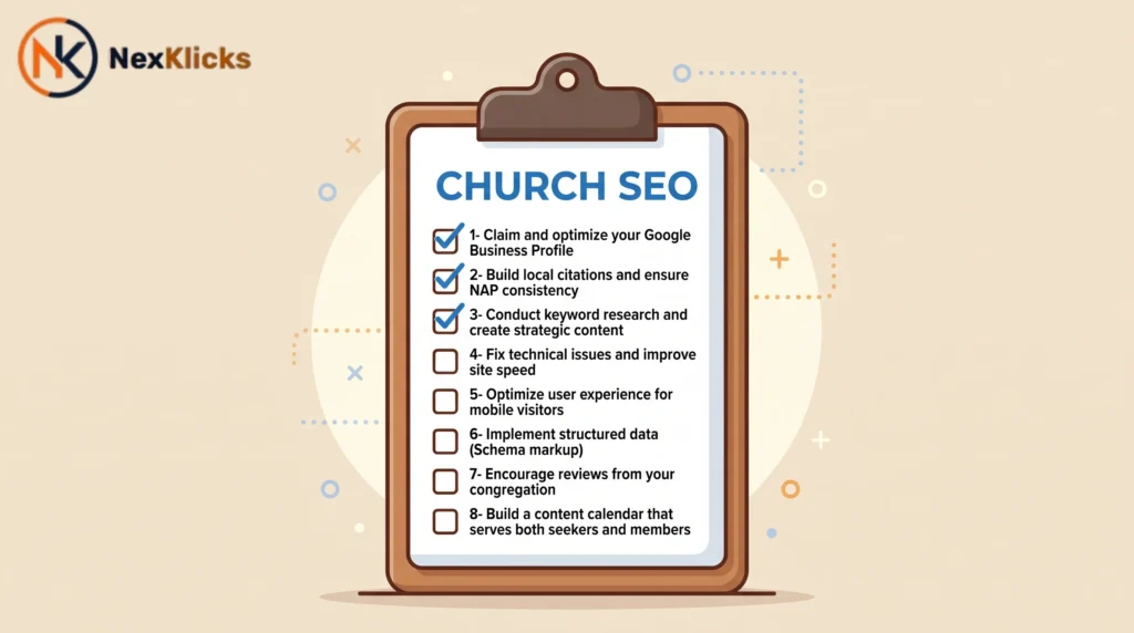a clipboard checklist showing 8 church SEO steps with the first three items checked off in blue