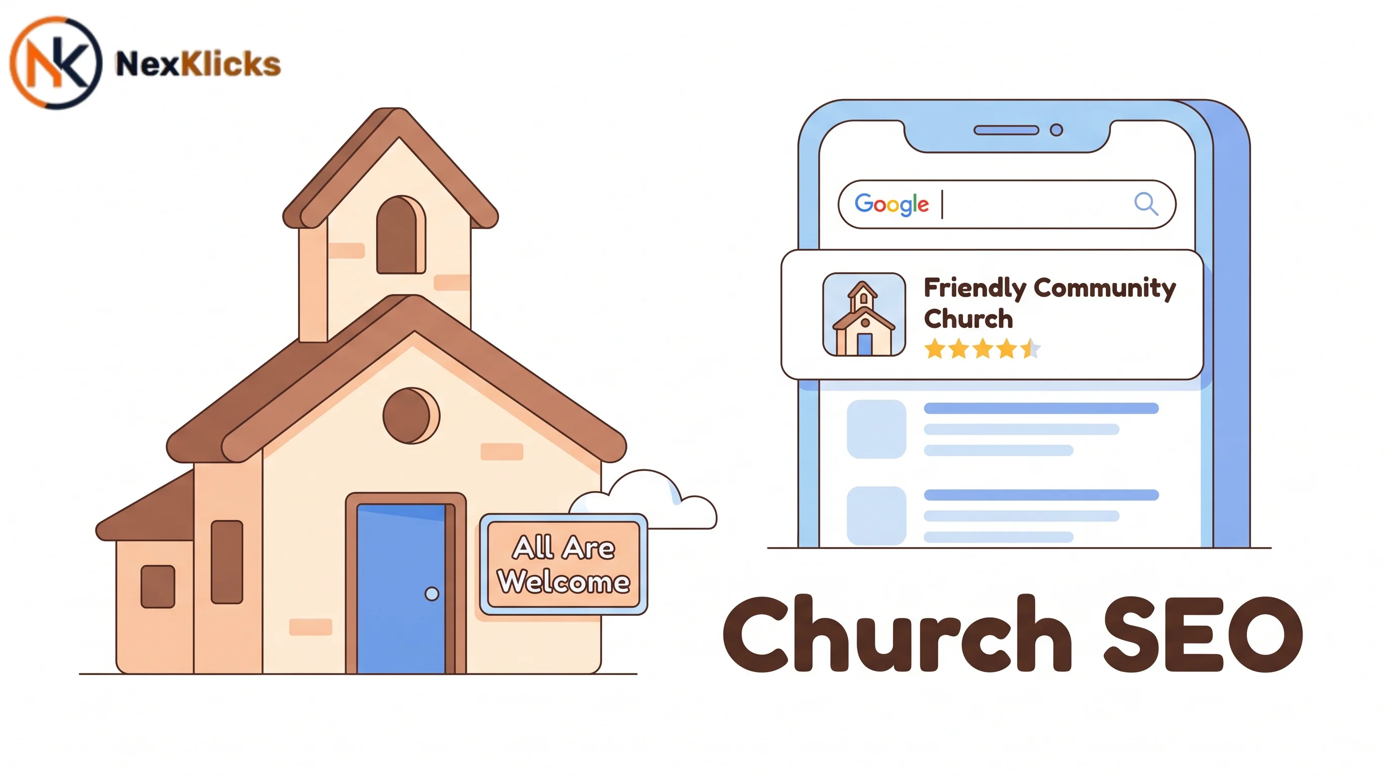 A welcoming church exterior with an All Are Welcome sign and a smartphone showing church SEO Google search results