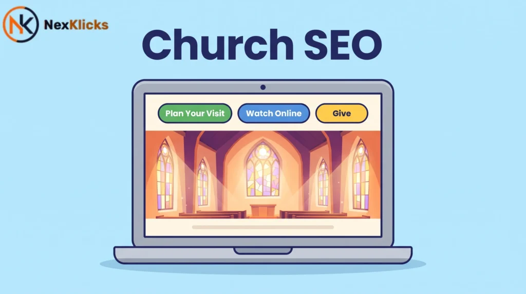 laptop showing a church website homepage with navigation buttons for Plan Your Visit, Watch Online, and Give, representing good church SEO design
