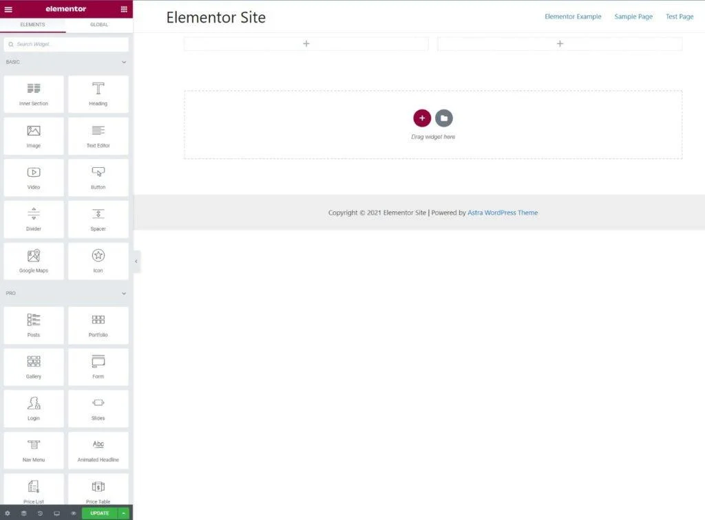 Elementor Pro CMS dashboard with labeled editing controls for post-launch website handoff
