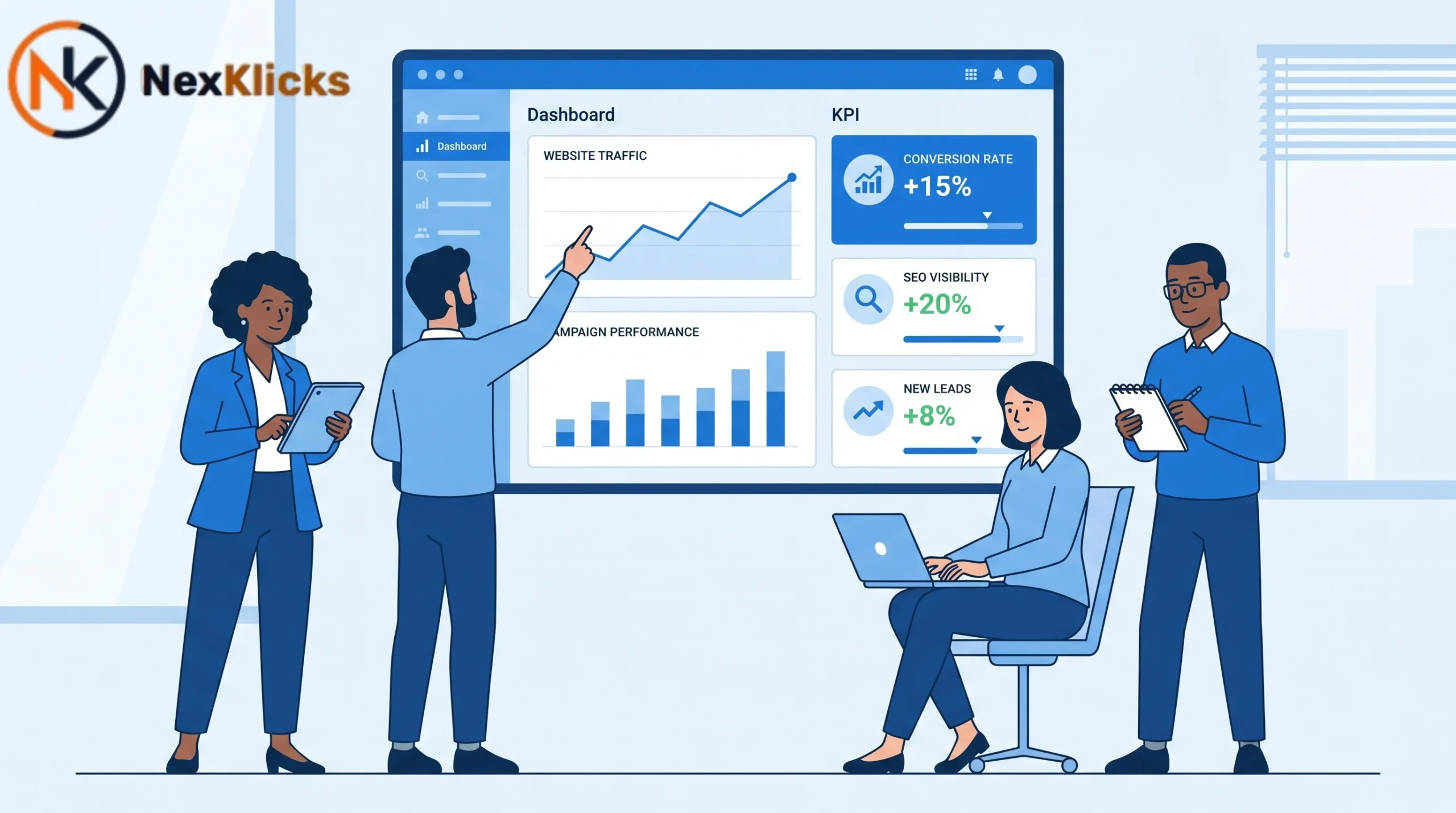 Full-service digital marketing by Garage2Global strategy dashboard showing marketing team analyzing campaign performance and growth metrics