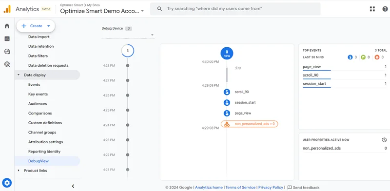 ga4 debugview panel showing page_view and session_start events firing, confirming the ga4 tracking tag is active on the page