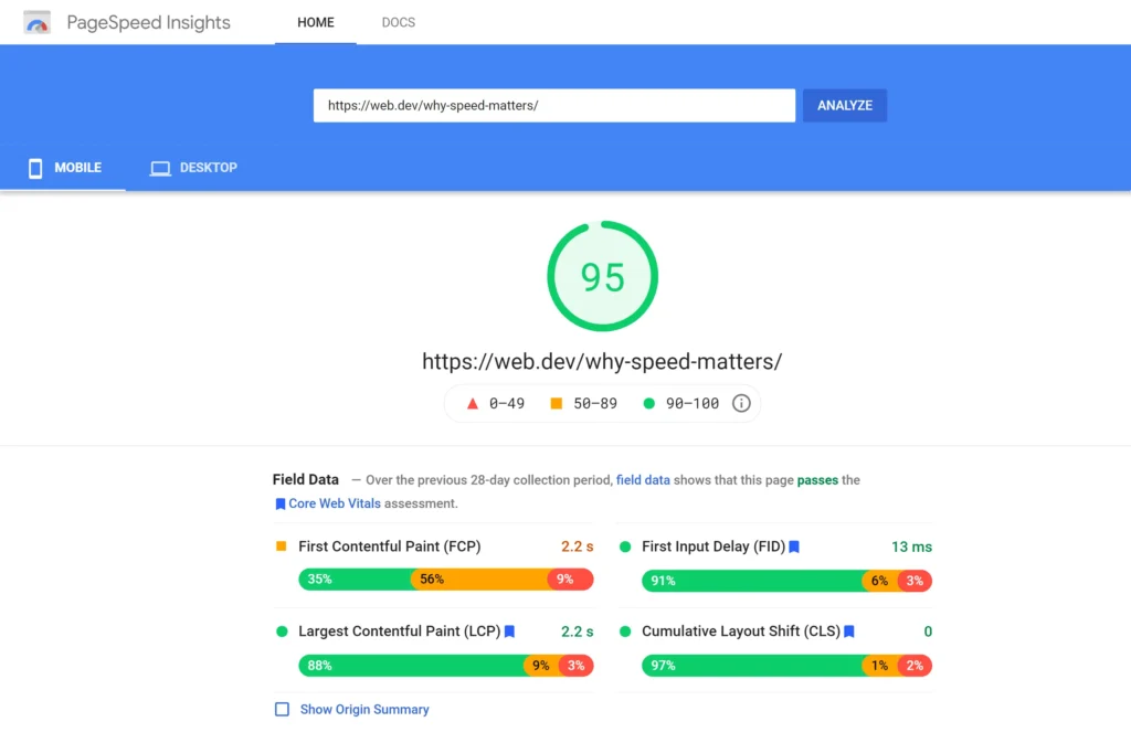 google pagespeed insights mobile field data showing lcp inp and core web vitals pass fail status
