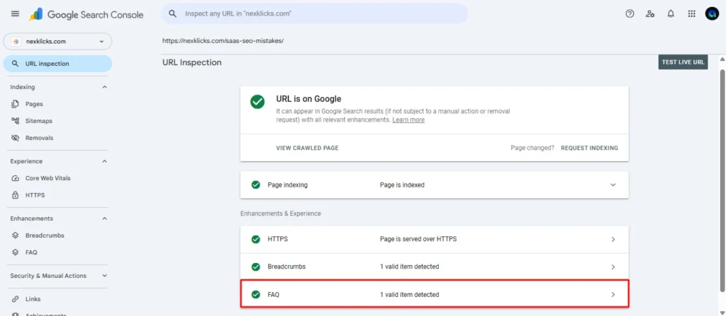 google search console url inspection showing indexing status and schema detection results for wordpress seo