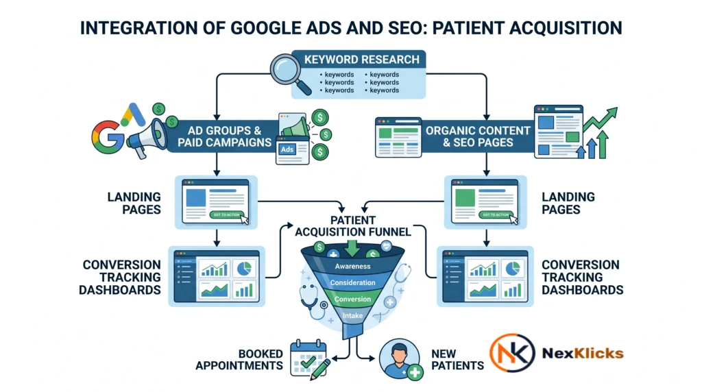 google ads for doctors seo outline showing paid and organic patient acquisition funnel