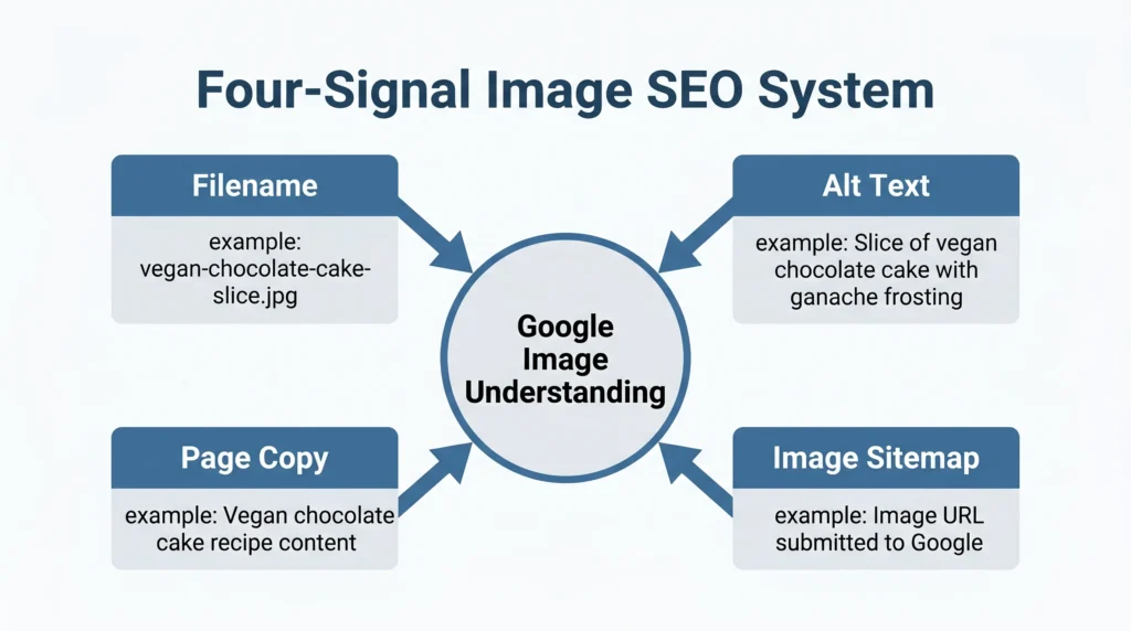 diagram showing four image seo signals including filename, alt text, page copy, and image sitemap