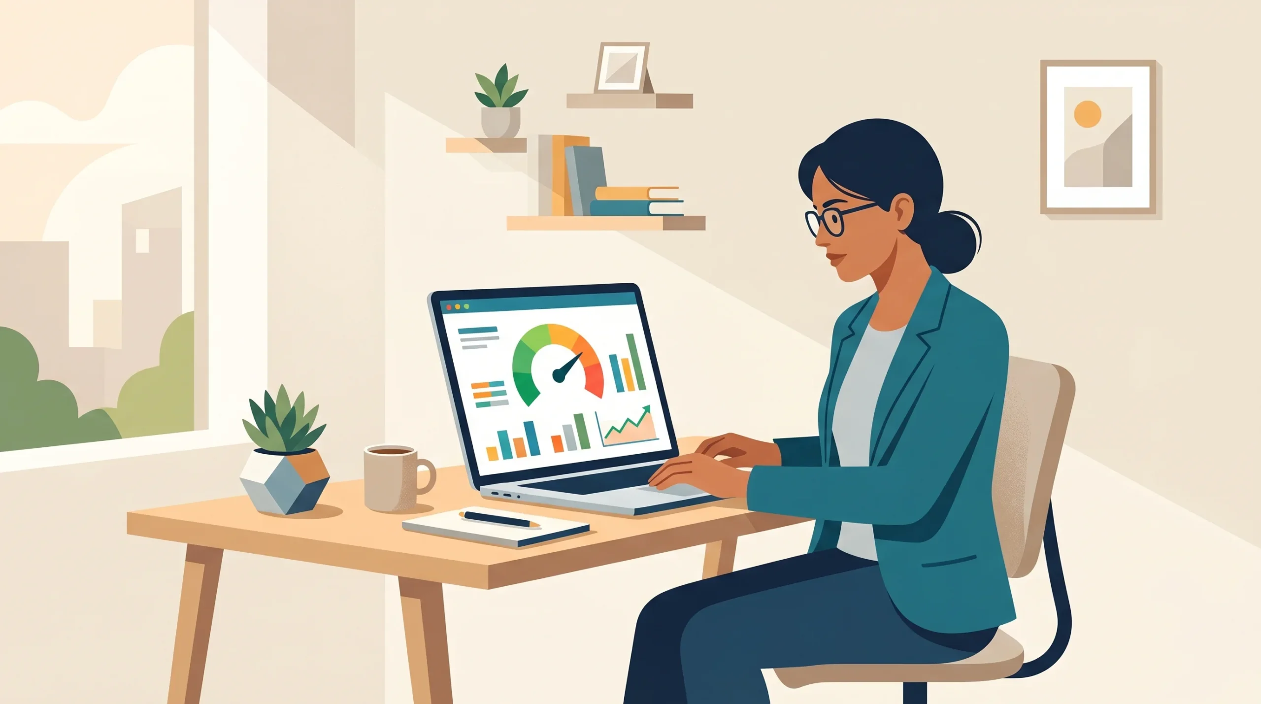 improve shopify site speed illustration showing store owner reviewing mobile speed score on laptop dashboard