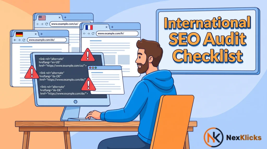 A developer fixing hreflang tag errors during an international SEO audit with country flag browser tabs