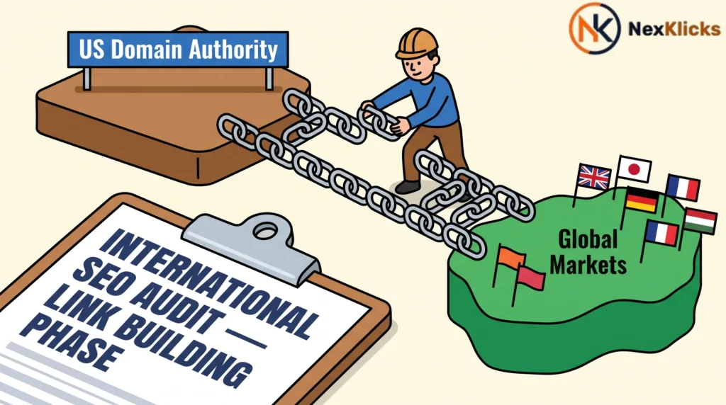 A marketer building an international backlink bridge between a US domain and global markets during an SEO audit