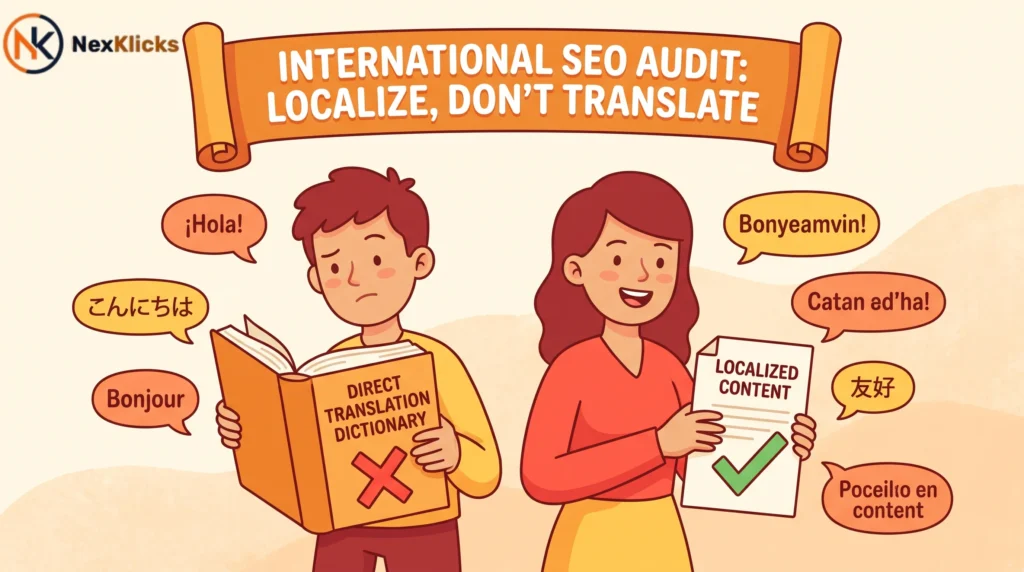 Two people comparing translation vs localization in an international SEO audit with multilingual speech bubbles
