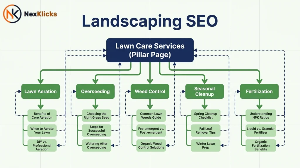 landscaping seo content silo diagram showing pillar page linking to cluster pages and blog posts