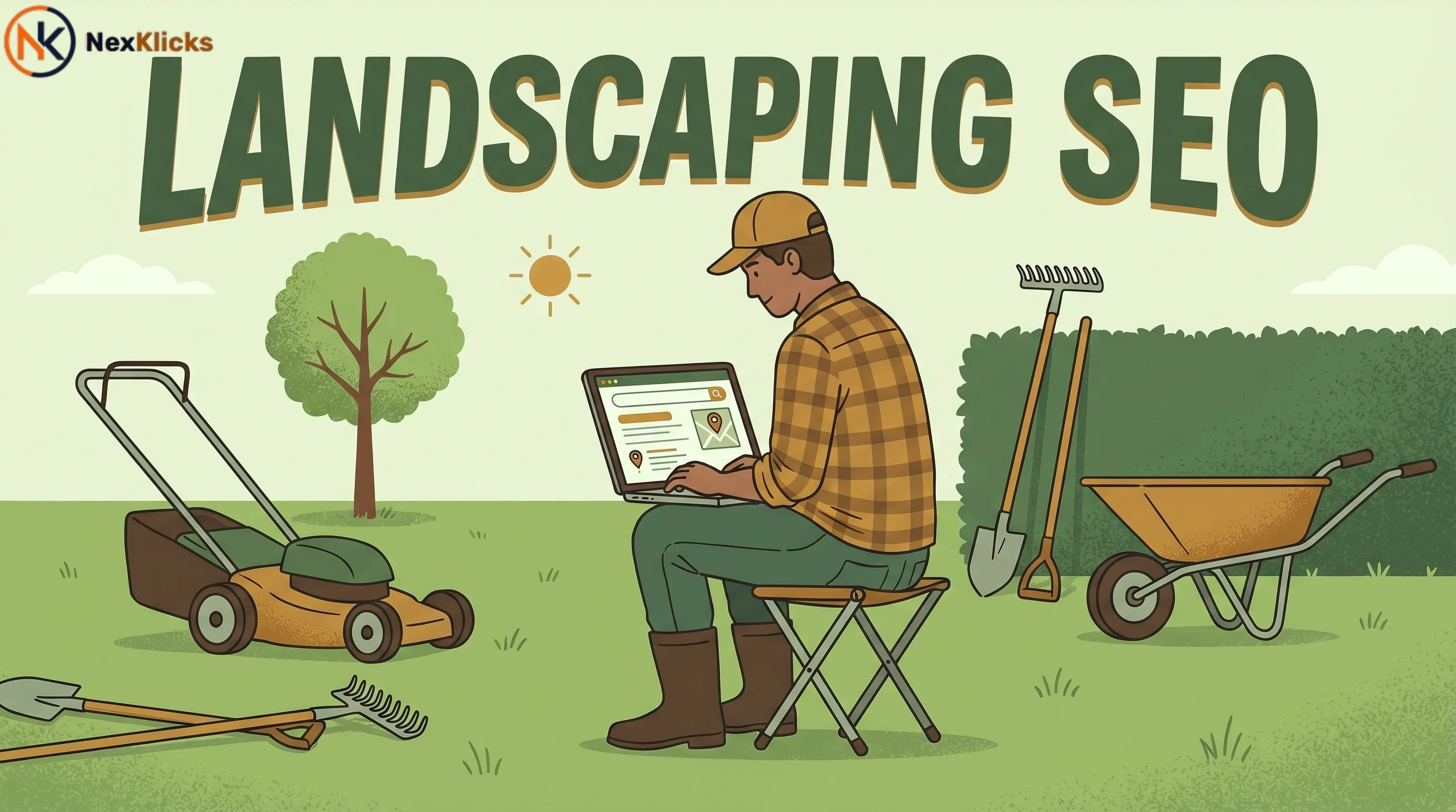 landscaping seo strategy review on laptop at job site