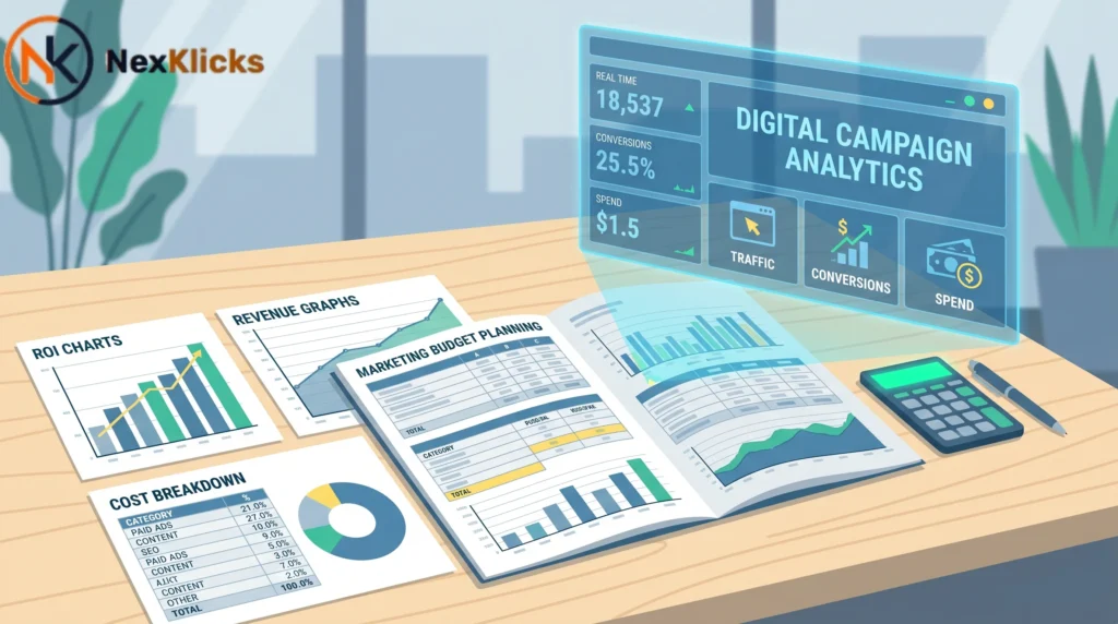 Marketing budget planning worksheet with ROI projections, cost analysis, and revenue tracking for digital marketing strategy