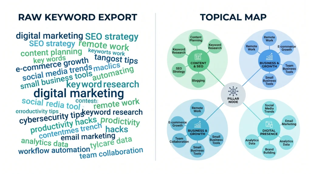 get topical map of competitor seo raw keywords versus clustered topical map comparison