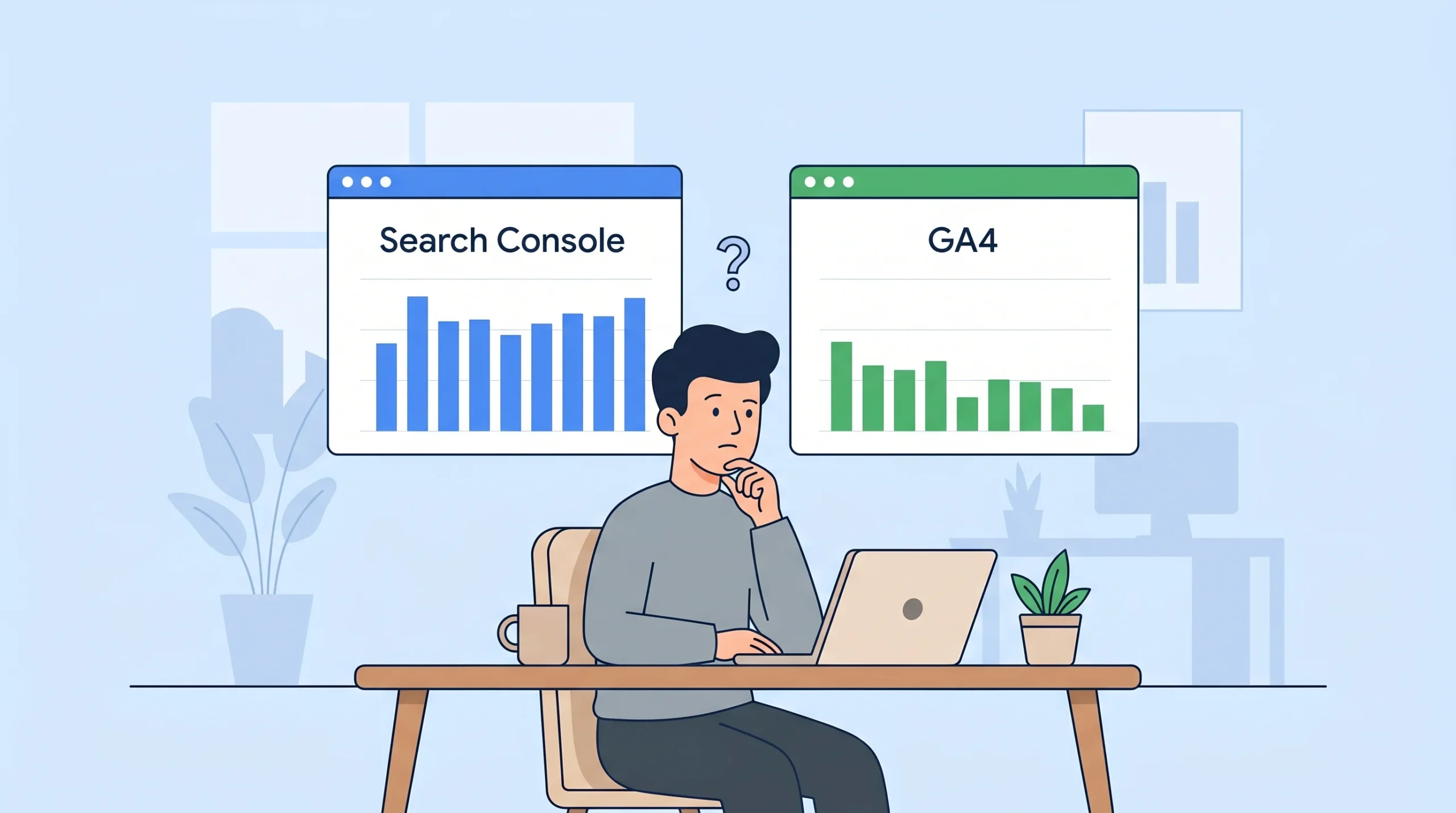 person comparing search console clicks vs sessions on two screens showing different numbers