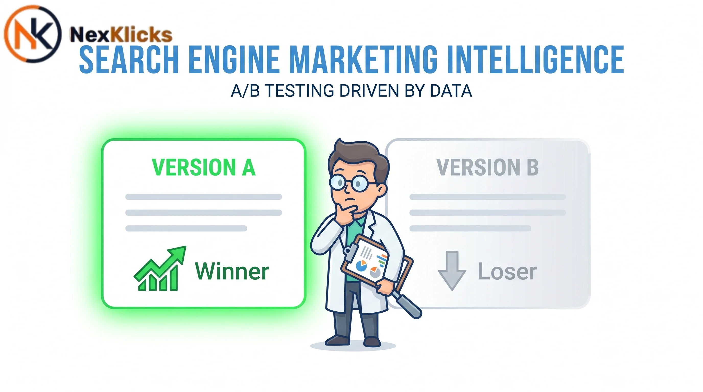 Scientist comparing A/B test results for SEM ad copy using search engine marketing intelligence data
