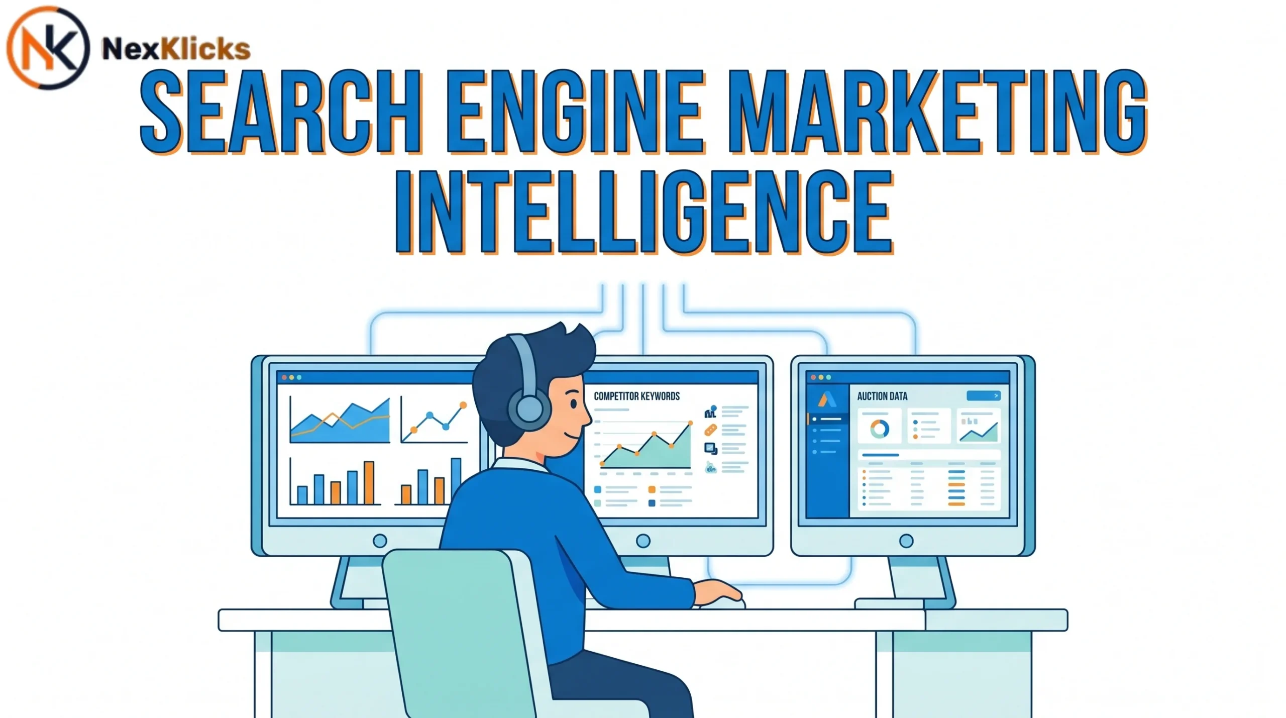 Digital marketer analyzing search engine marketing intelligence data on multiple dashboard screens
