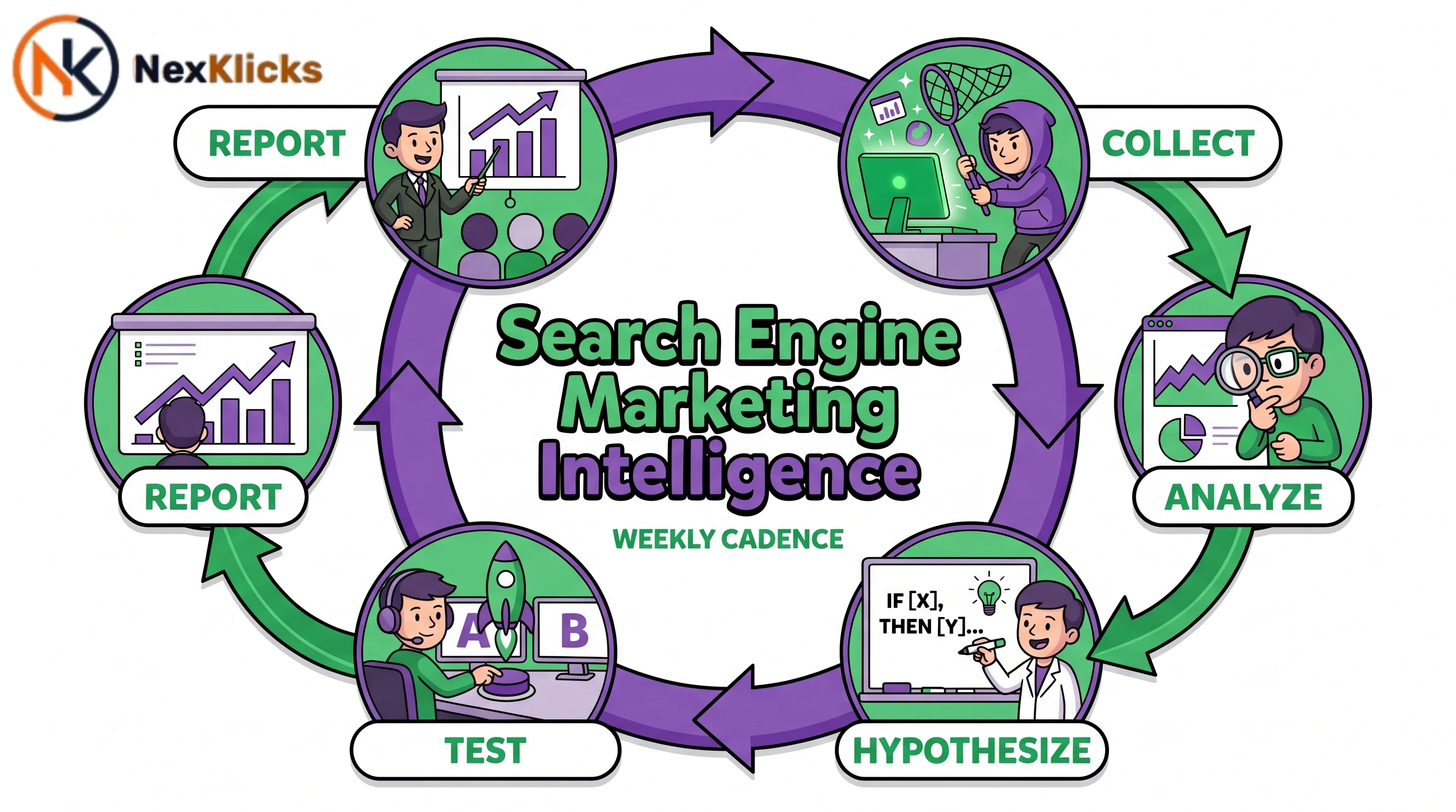Diagram showing five-step weekly search engine marketing intelligence workflow: collect, analyze, hypothesize, test, and report