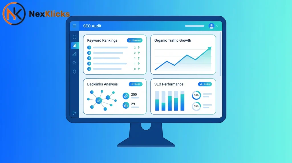 SEO audit dashboard displaying keyword rankings, traffic growth, and optimization data for full-service digital marketing by Garage2Global campaigns