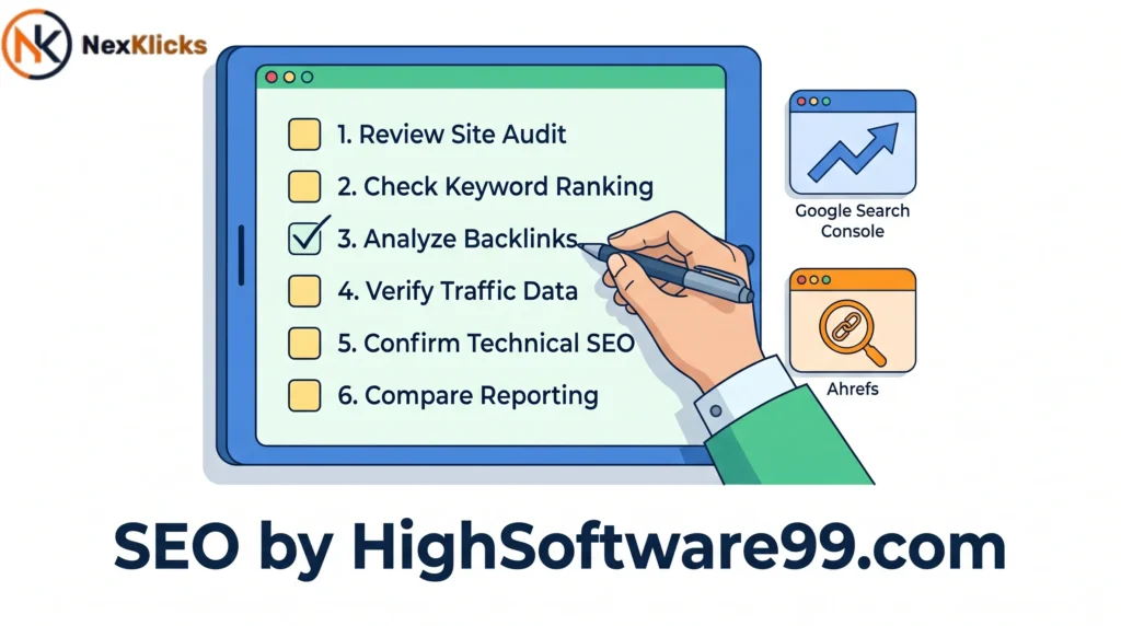 Step-by-step SEO audit checklist for verifying any service including seo by highsoftware99.com using Google Search Console and Ahrefs