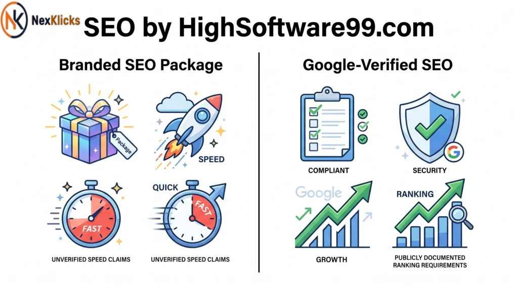 Side-by-side comparison of branded SEO package claims from seo by highsoftware99.com versus Google's verified ranking factors checklist