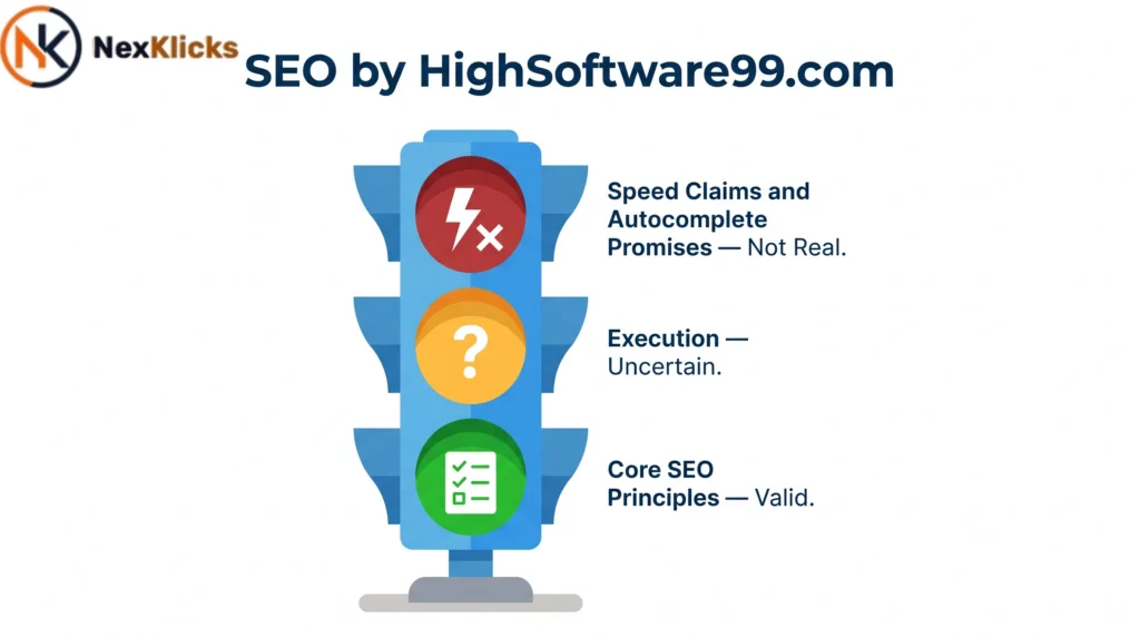 Traffic light rating graphic for seo by highsoftware99.com showing green for core SEO principles, yellow for execution uncertainty, and red for speed and autocomplete claims
